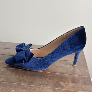 Journee Collection Navy Velvet Heels with Bow